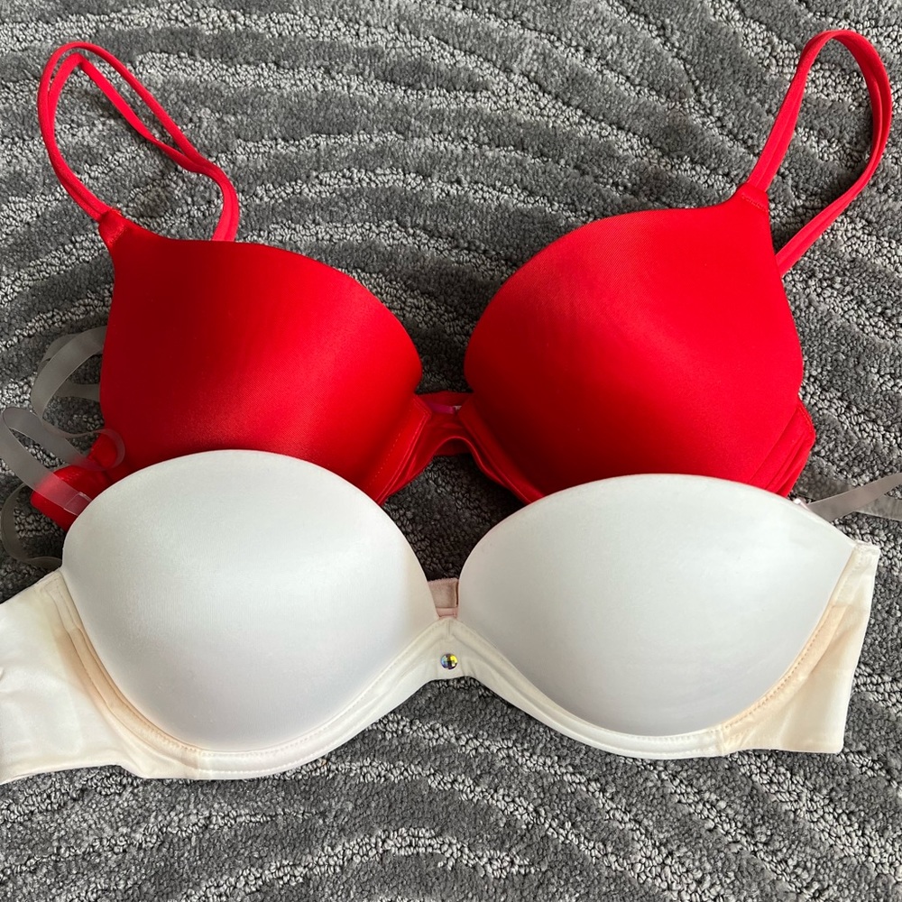 Victoria’s Secret strapless bra and Pink push-up bra 34B
